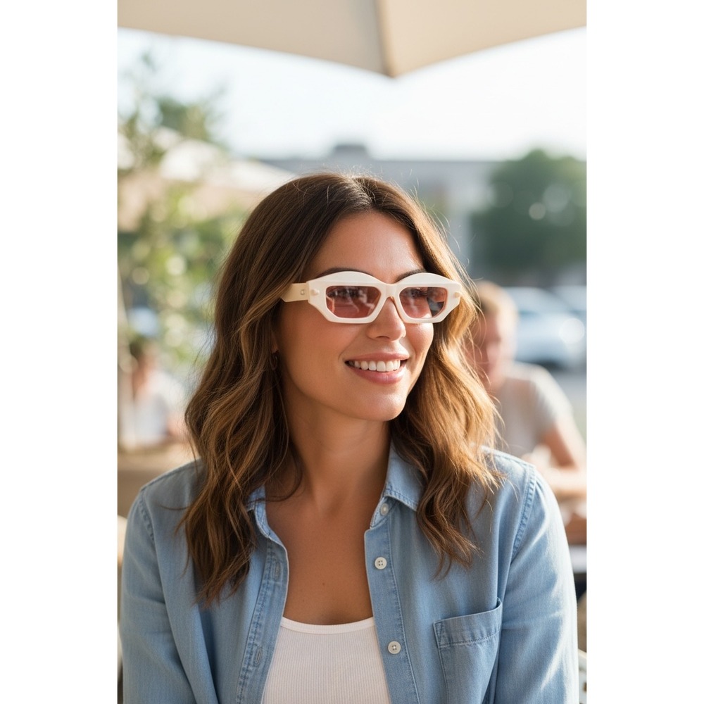 RBW 923938 Cream Geometric Rectangular Sunglasses Rose Tinted Lens Retro Style